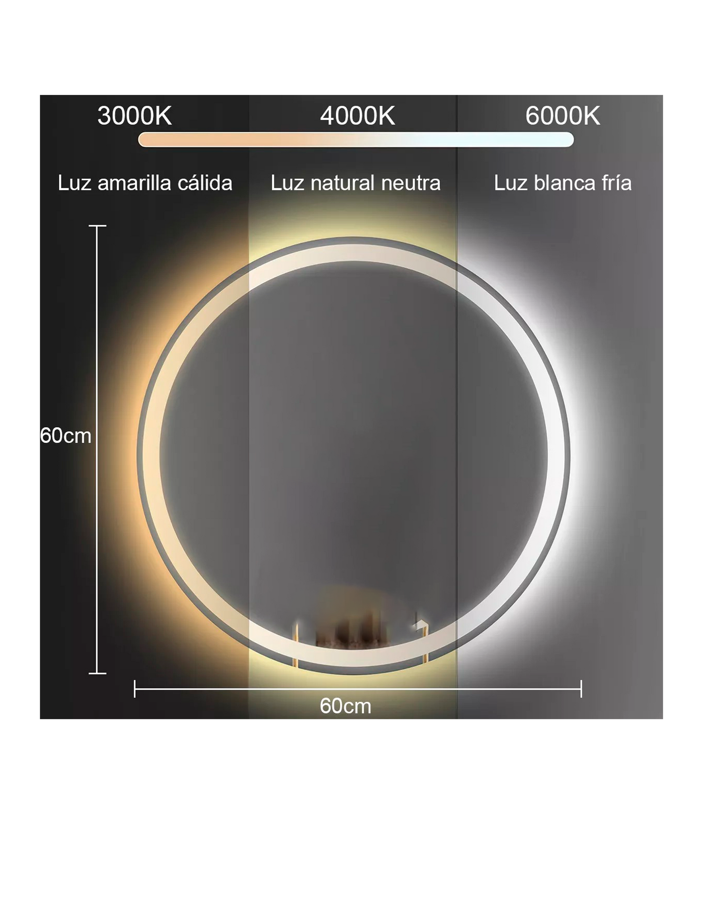 ESPEJO REDONDO 60/D CON LUZ LED EN 3 TONOS, SISTEMA TACTIL, Y BRILLO AJUSTABLE.