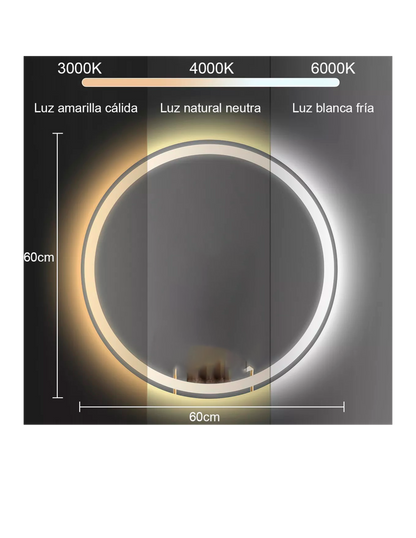 ESPEJO REDONDO 60/D CON LUZ LED EN 3 TONOS, SISTEMA TACTIL, Y BRILLO AJUSTABLE.